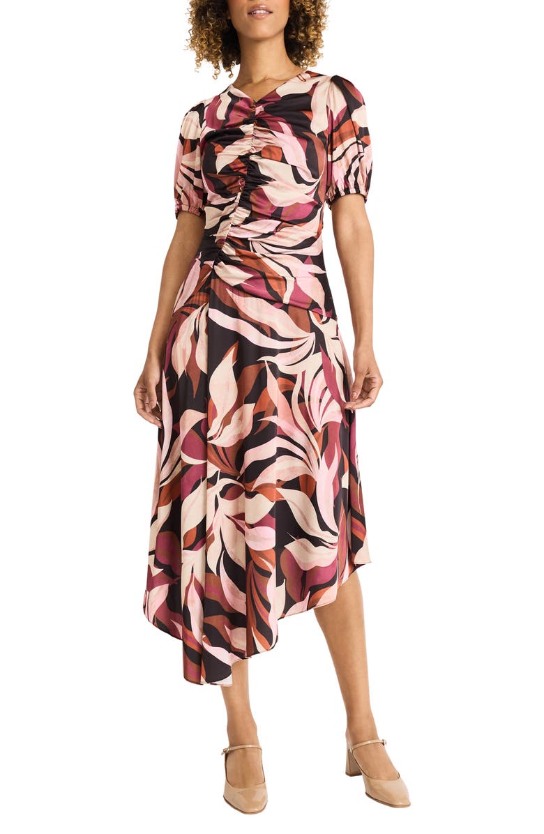 Maggy London Print Ruched Asymmetric Midi Dress, Main, color, 