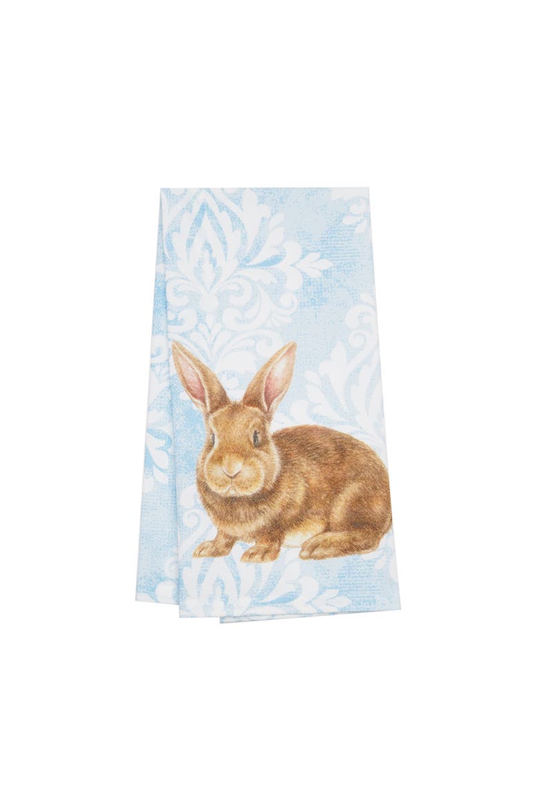 Damask Blue Easter Bunny Rabbit Cotton Kitchen Dishtowel, Main, color, Blue