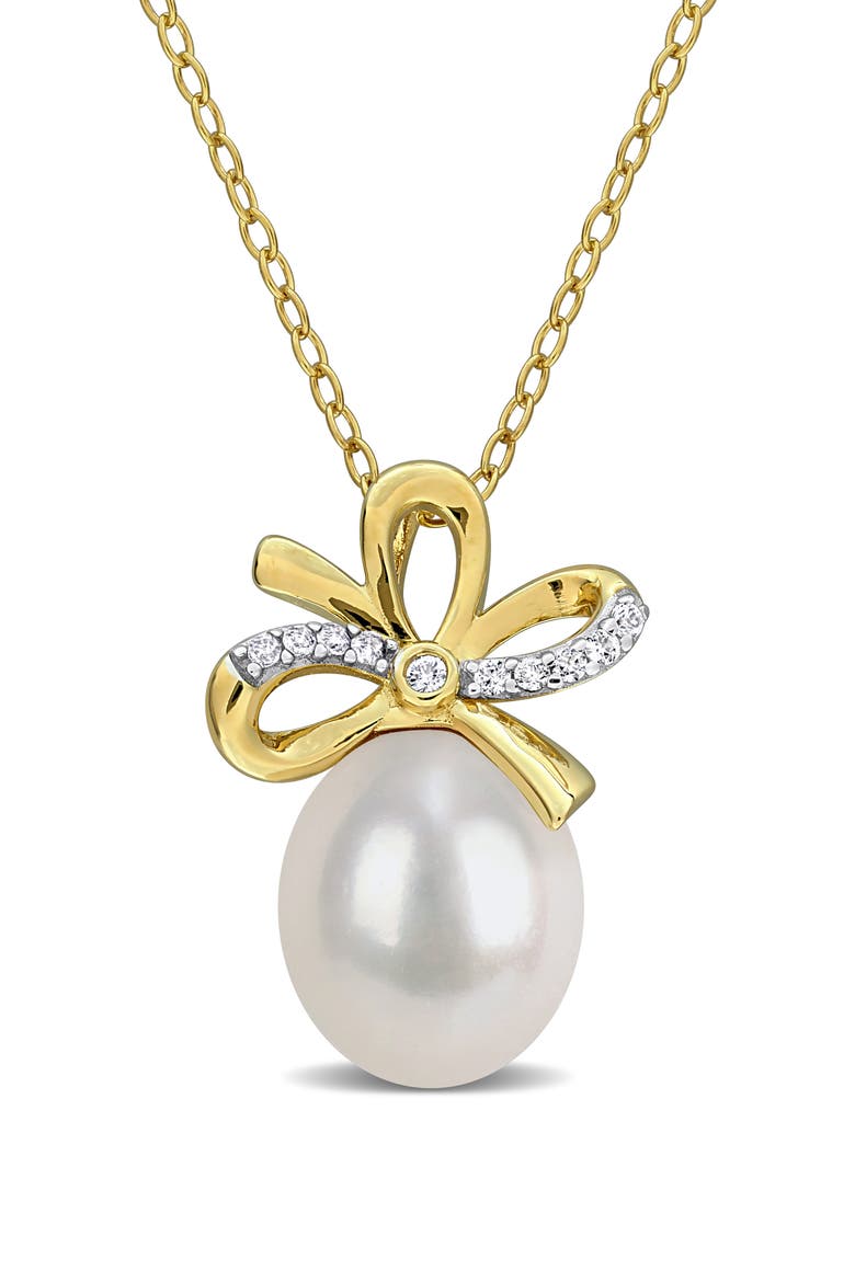 9-10mm Cultured Freshwater Pearl & White Sapphire Pendant Necklace - 0.1ct., Main, color, WHITE
