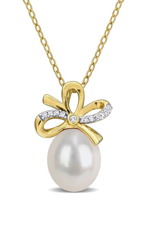 9-10mm Cultured Freshwater Pearl & White Sapphire Pendant Necklace - 0.1ct.