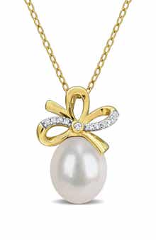 9-10mm Cultured Freshwater Pearl & White Sapphire Pendant Necklace - 0.1ct.