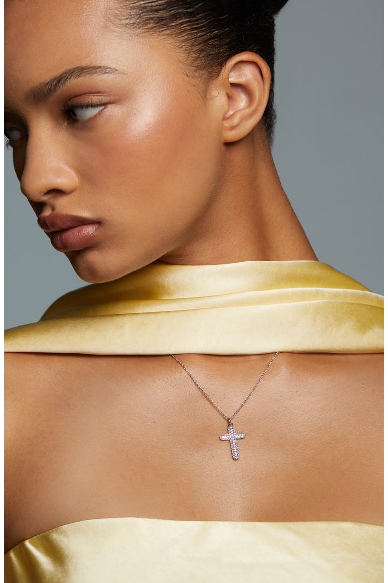 Crushed Pavé Cross Pendant Necklace, Alternate, color, RHODIUM