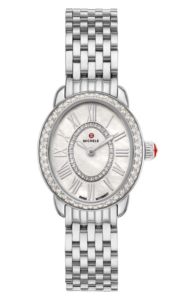 MICHELE Serein Oval Diamond & Mother-of-Pearl Bracelet Watch, 24mm x 27mm, Main, color, Silver