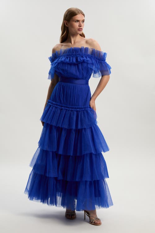Karen Millen Tulle Off Shoulder Maxi Dress In Blue