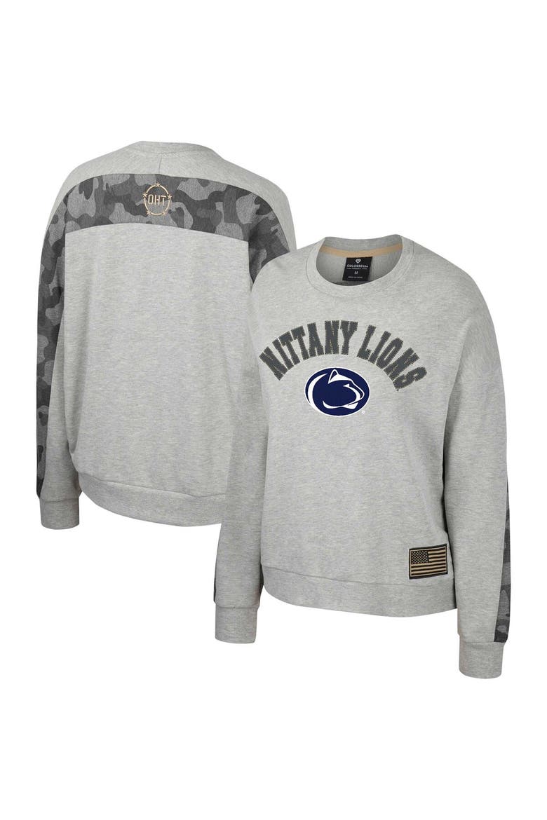 Women's Colosseum Heather Gray Penn State Nittany Lions OHT Military Appreciation Flag Rank Dolman Pullover Sweatshirt, Main, color, Heather Gray