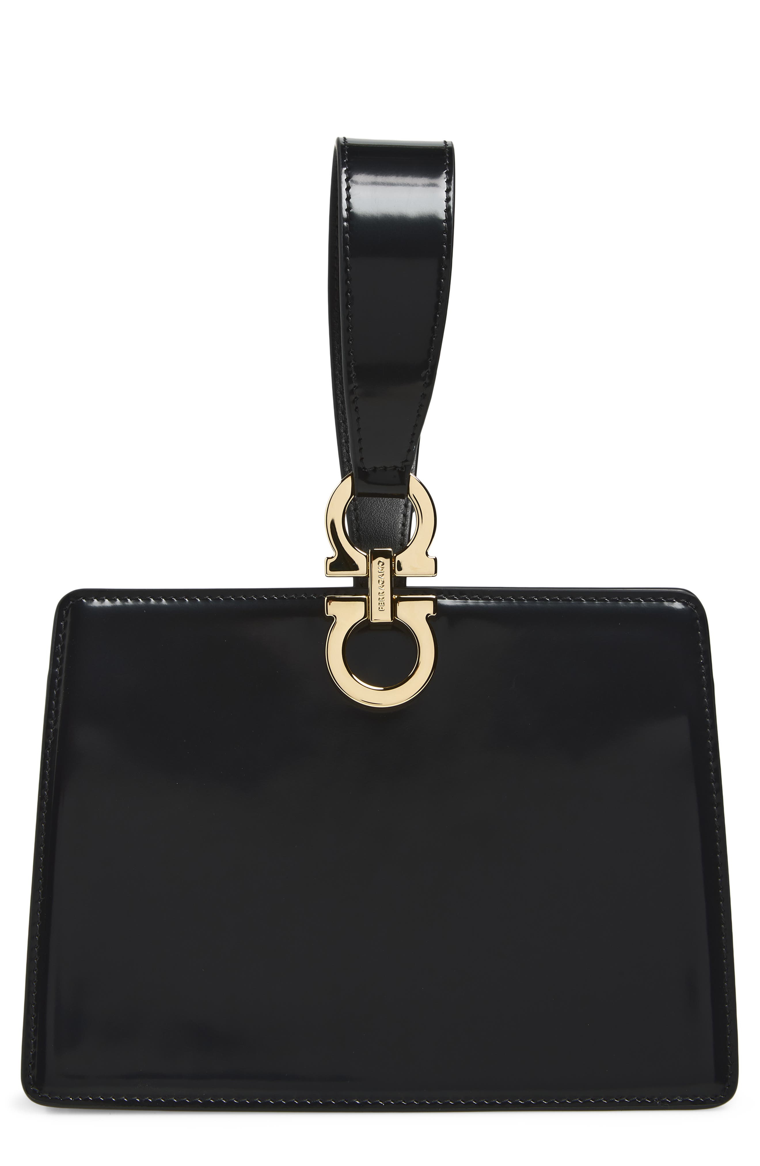 FERRAGAMO Double Gancio Leather Mini Clutch, Main, color, Nero Nero Nero