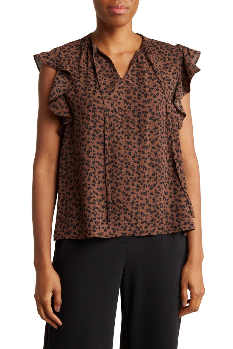 Ruffle Sleeve Tie Neck Top, Main, color, BROWN PINECONE FLOATING FLORAL