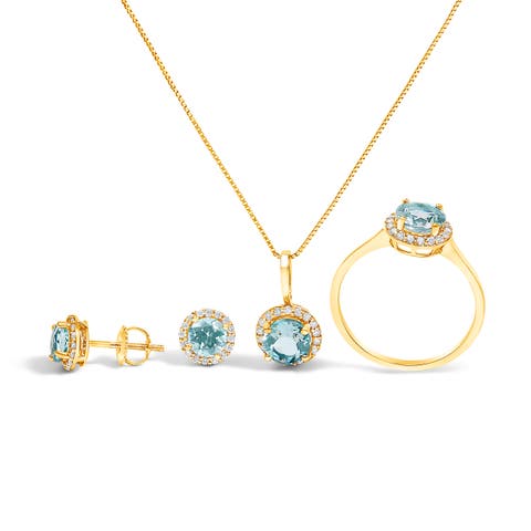 10K Gold Gemstone and 3/8 Cttw Diamond Halo Jewelry Set (Earrings, Pendant & Ring)