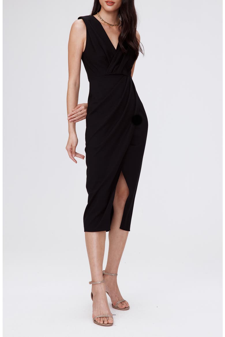Hallie Sleeveless Faux Wrap Midi Dress, Alternate, color, BLACK