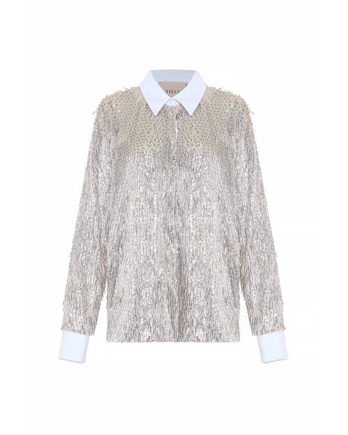 Theo The Label Kleio Sequin Collared Shirt In Gray