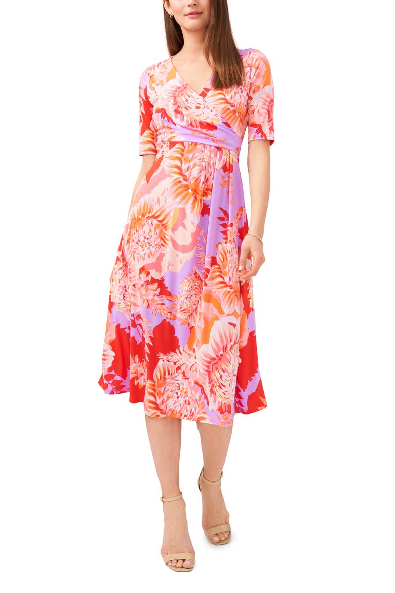 Floral Faux Wrap Midi Dress, Main, color, RED/ PURPLE