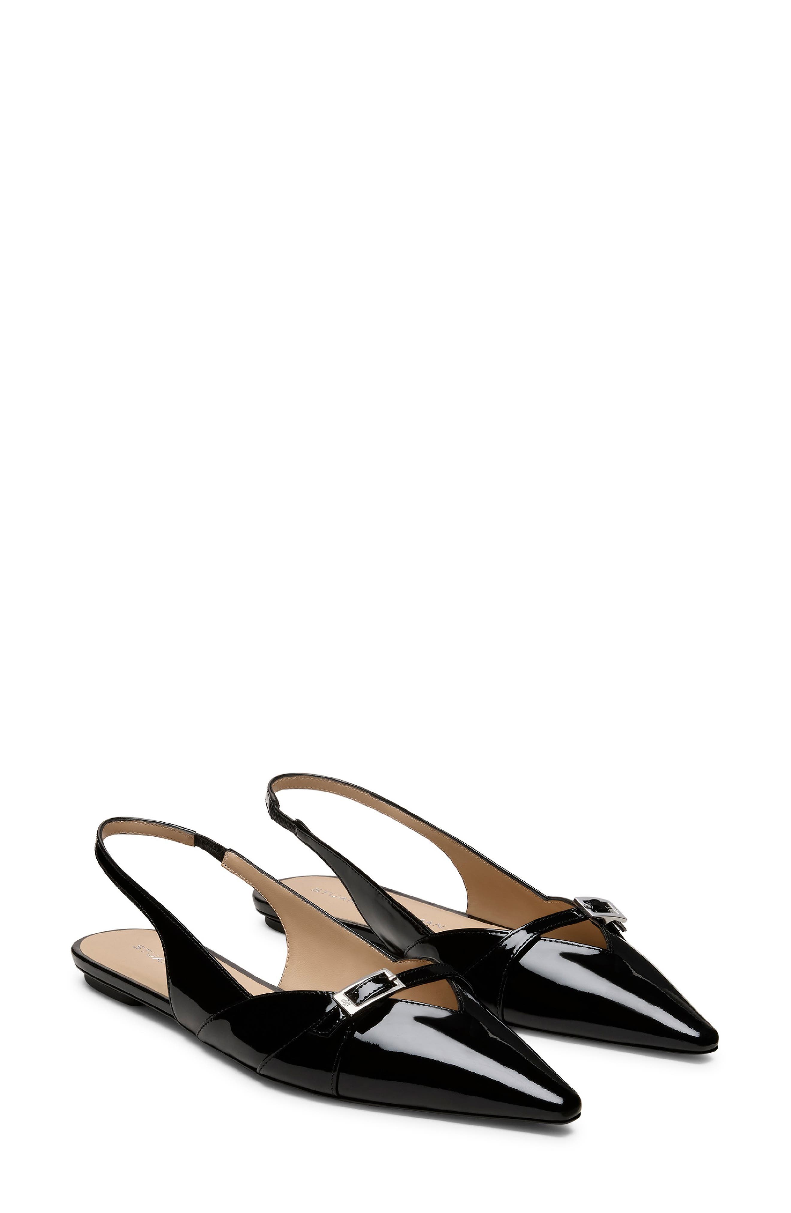 Georgie Pointed Toe Leather Slingback Flat, Main, color, BLACK