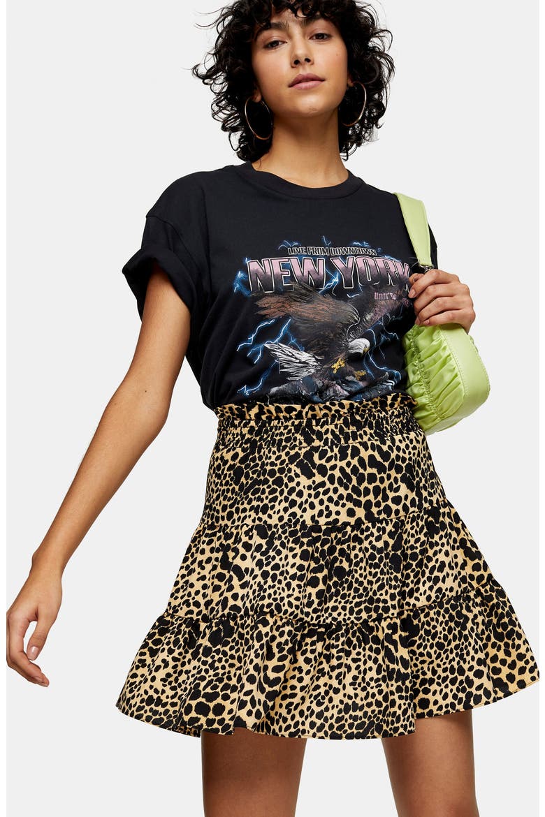 Shirred Animal Print Miniskirt, Alternate, color, CAMEL
