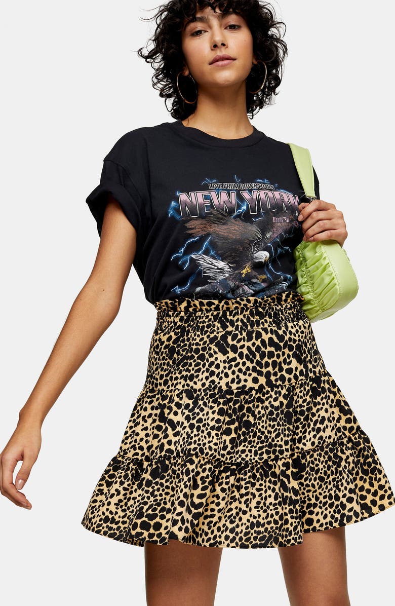Topshop Shirred Animal Print Miniskirt, Alternate, color,