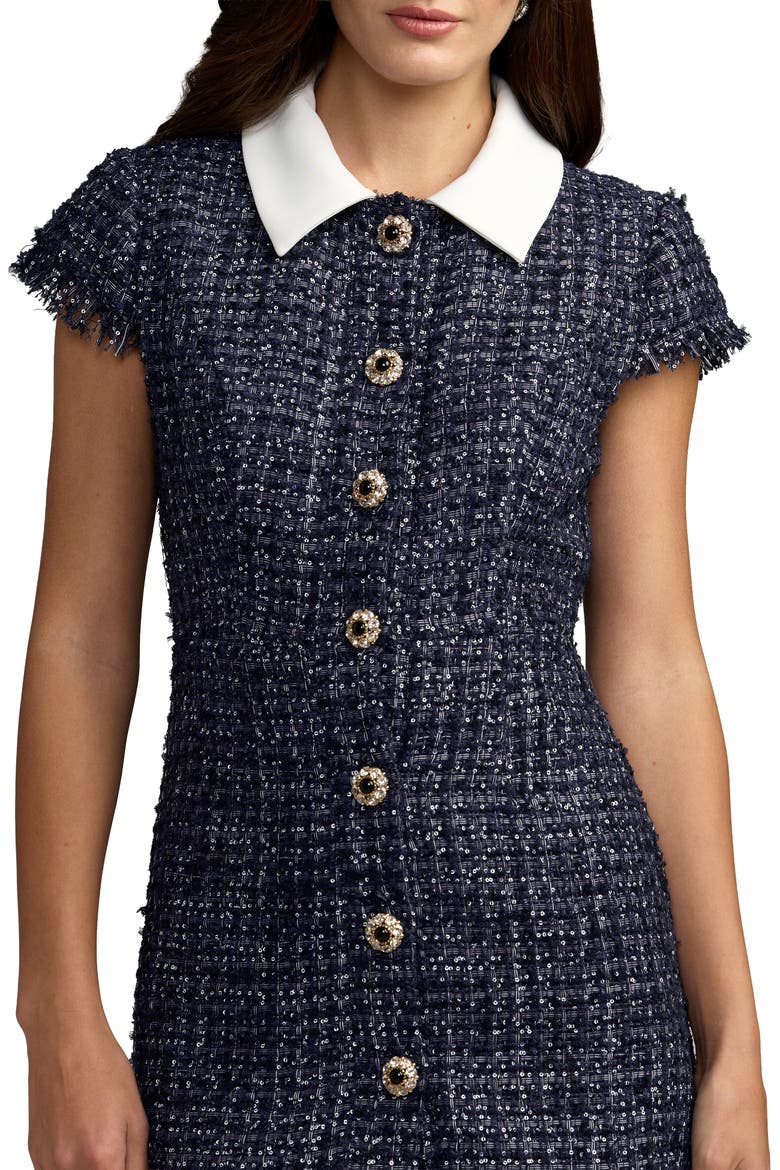 Boucle Cap Sleeve Mini Dress With Flower Details, Alternate, color, Navy
