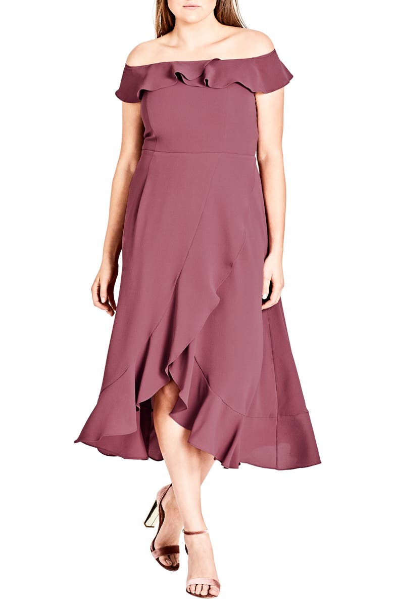 City Chic Off the Shoulder Ruffle High/Low Dress, Main, color,