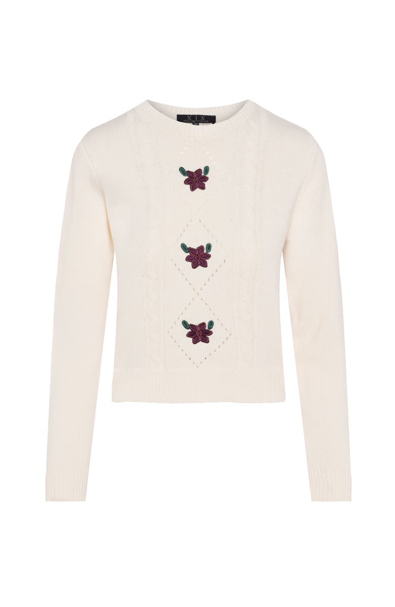 Diciannove Cable Knit Center Front Embroidered Cotton Sweater, Main, color, Cream