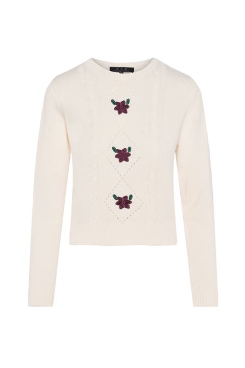 Cable Knit Center Front Embroidered Cotton Sweater