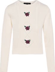 Diciannove Cable Knit Center Front Embroidered Cotton Sweater