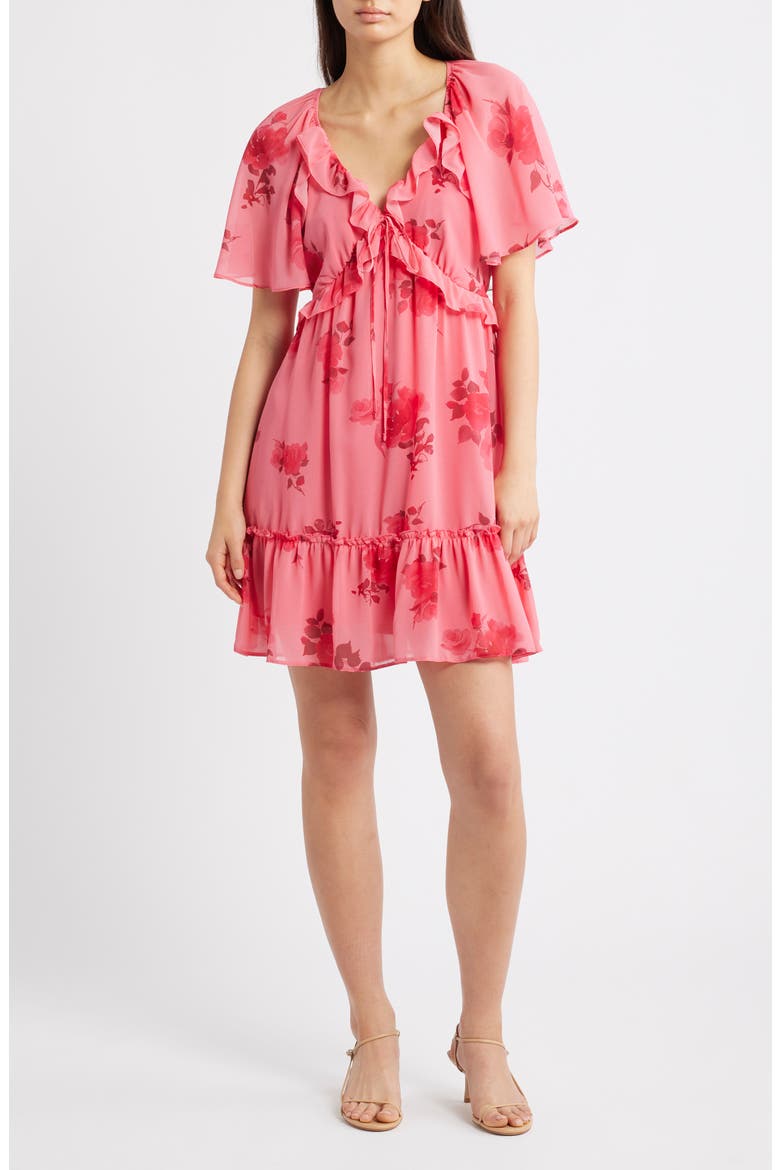 Floral Print Ruffle Chiffon Minidress, Main, color, PINK