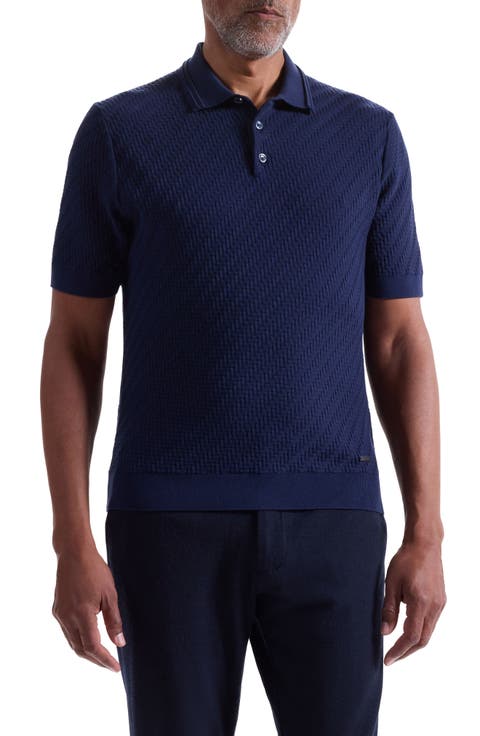 Basket Stitch Cotton Blend Polo Sweater