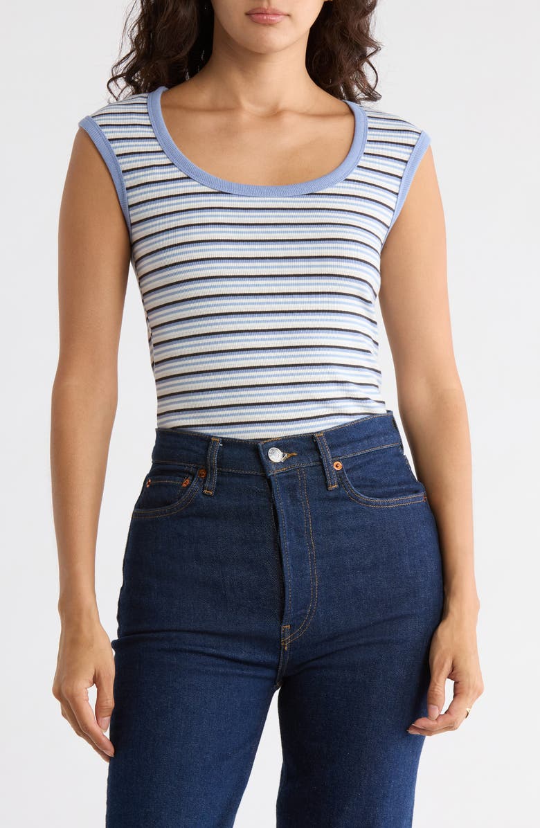 Madden Girl Stripe Scoop Neck Ribbed Tank, Main, color, Blue Combo
