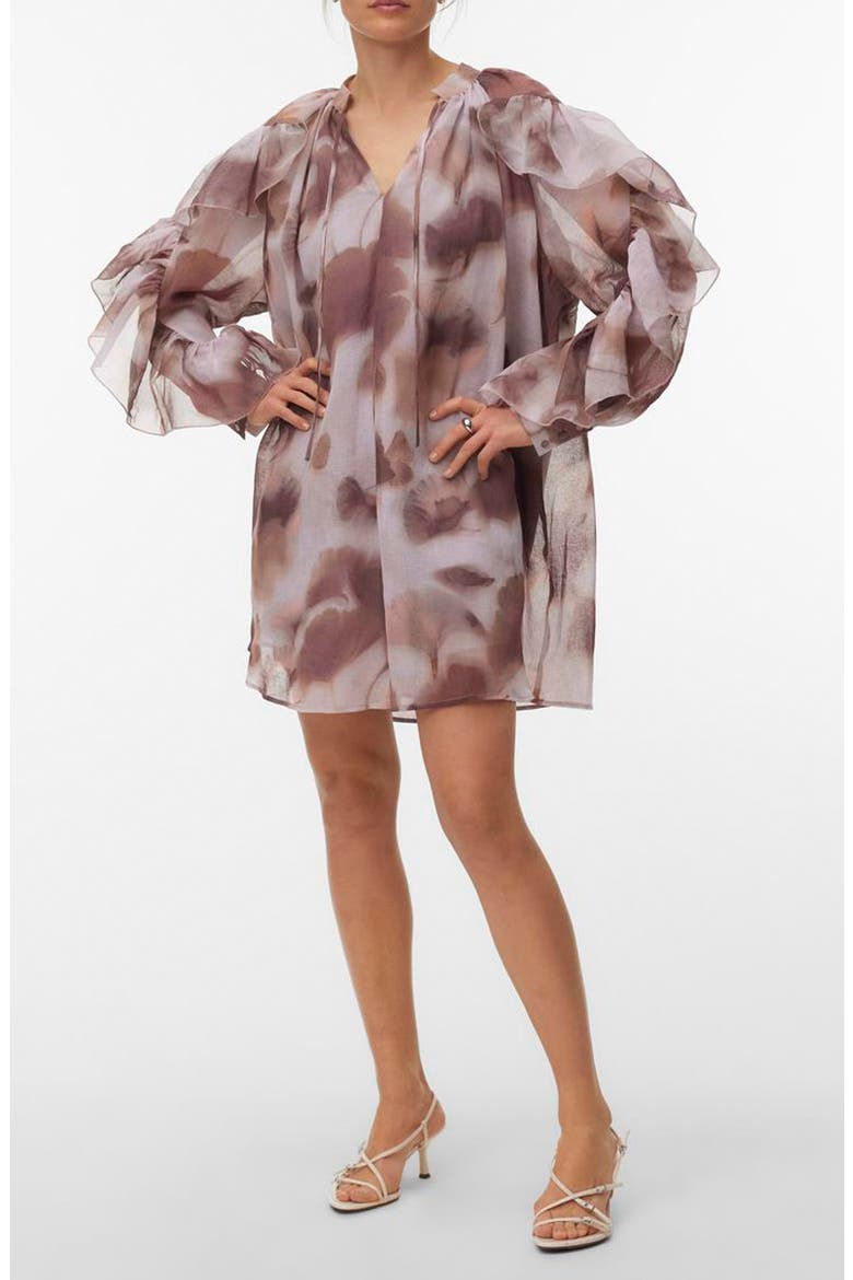 Sabrina Print Split Neck Ruffle Trim Dress, Main, color, WISTFUL MAUVE AOPMARIE
