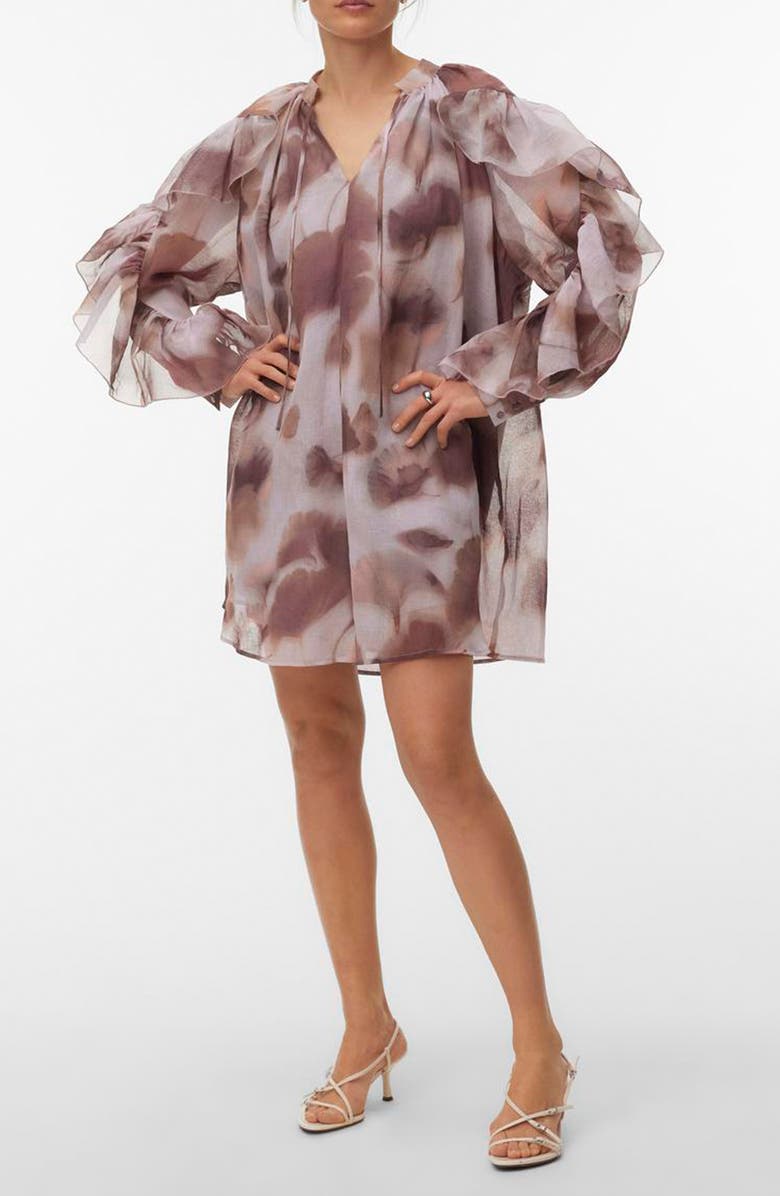 VERO MODA Sabrina Print Split Neck Ruffle Trim Dress, Main, color, Wistful Mauve Aopmarie