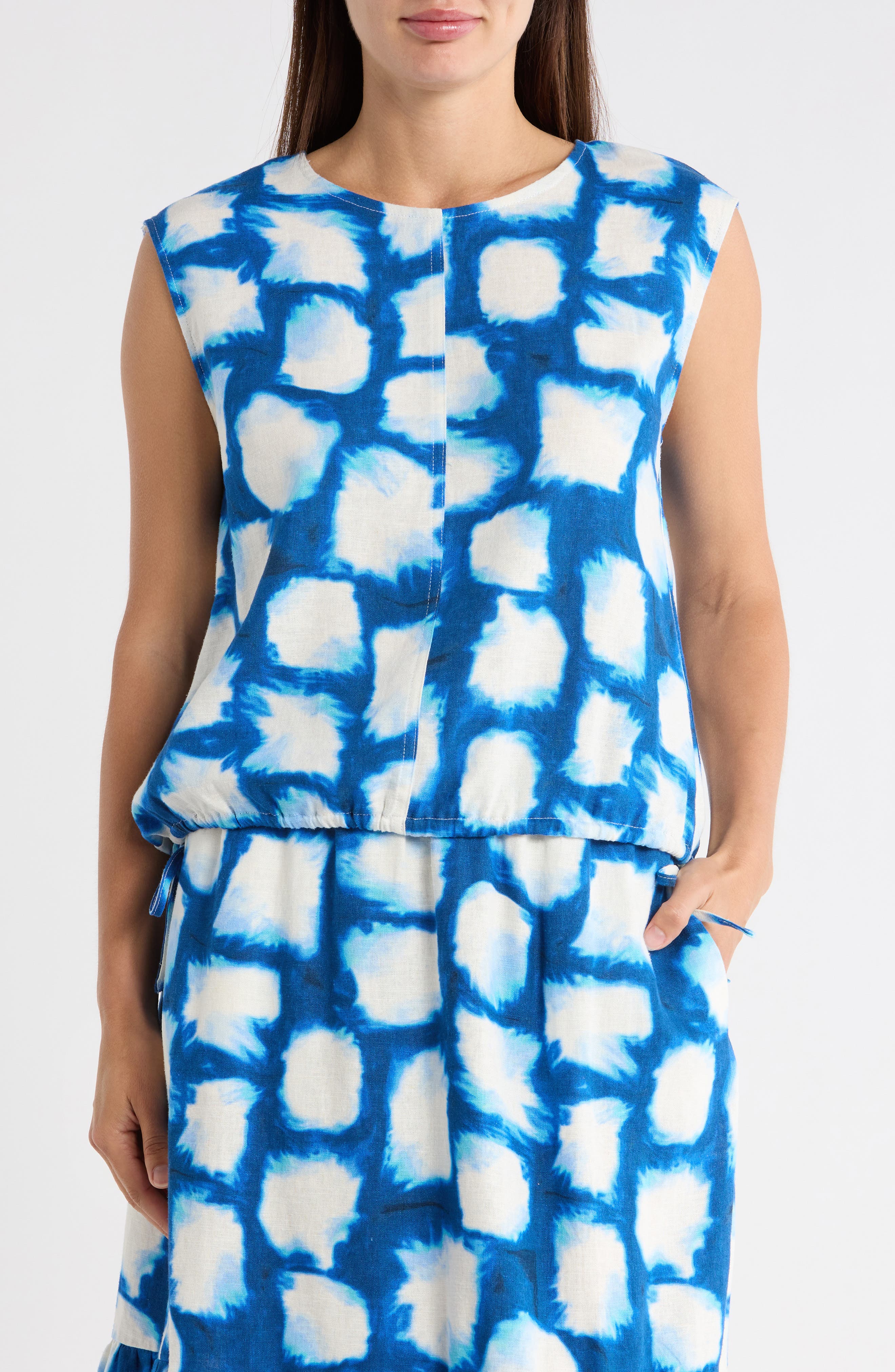 DKNY Sleeveless Drawstring Hem Linen Blend Top