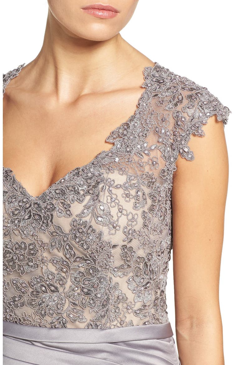 Embellished Lace & Satin Trumpet Gown, Alternate, color, SILVER