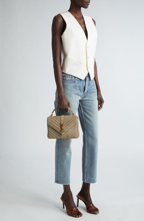 Saint Laurent College Medium Flap Ysl Shoulder Bag In Quilted Suede In Matt Gold
