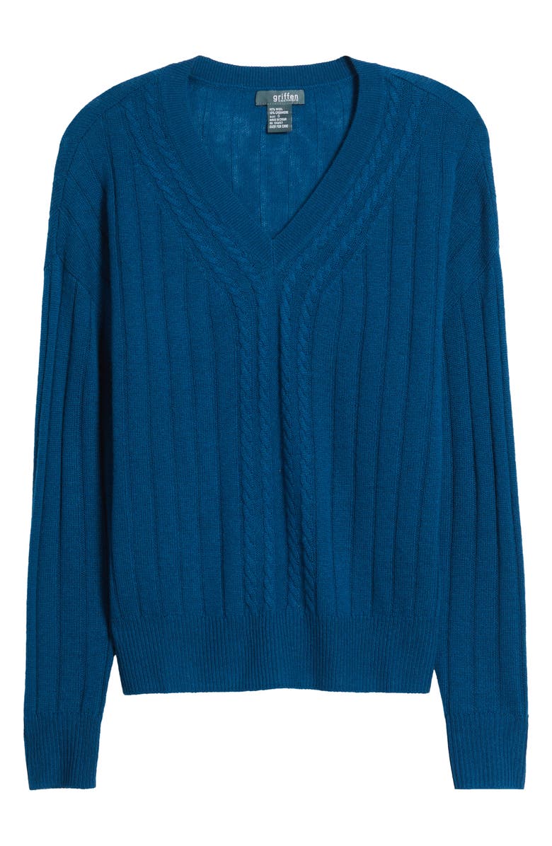 Griffen Cable Wool 
Cashmere V-Neck Sweater, Alternate, color, Blue