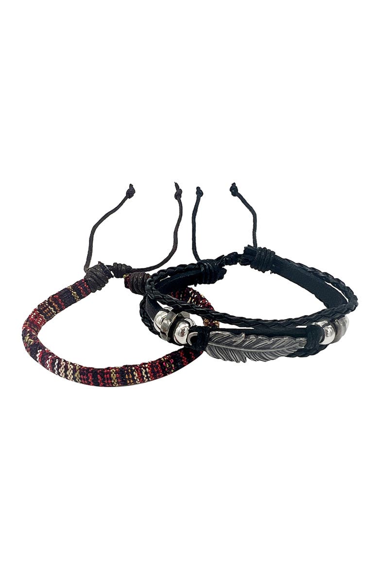 Men's Set of 2 Black Leather & Woven Slider Bracelets, Alternate, color, BLACK