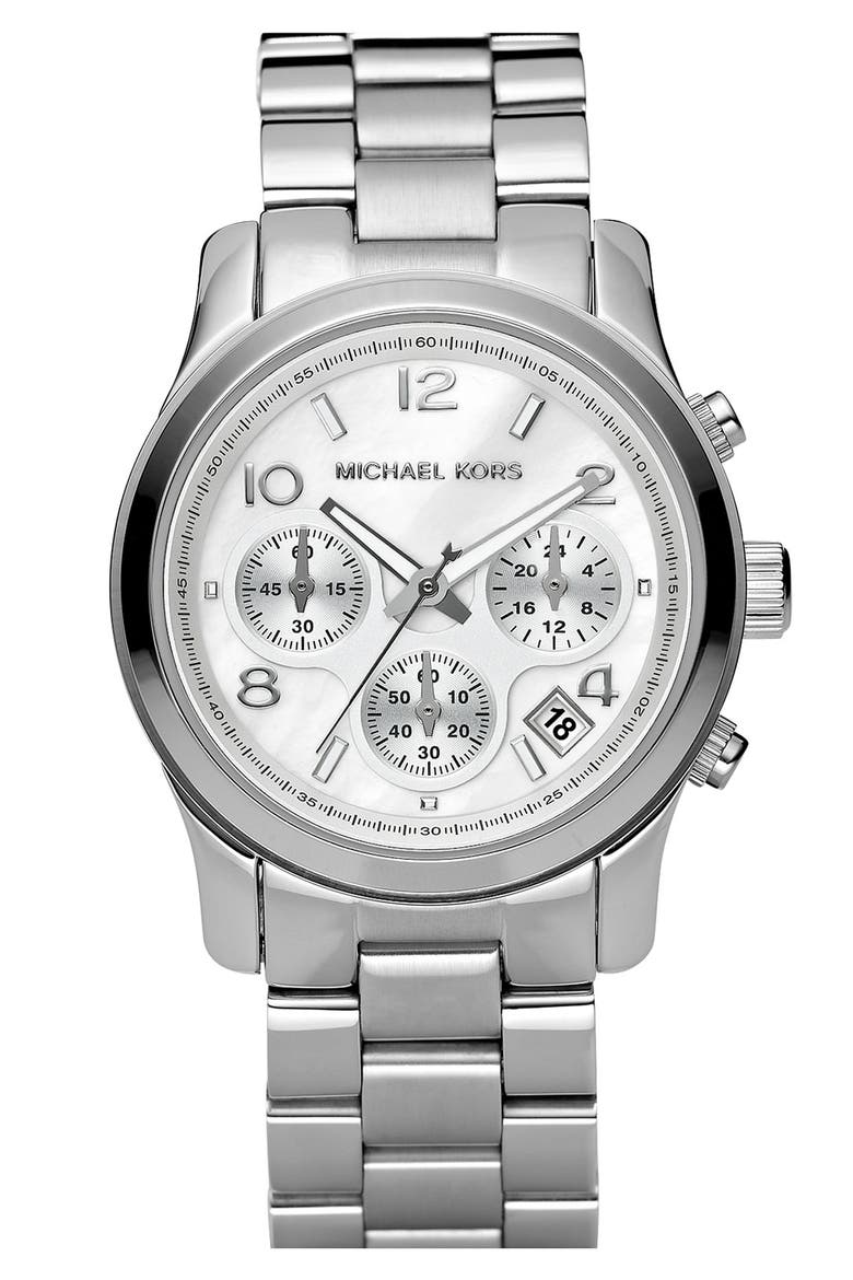 'Runway' Mother of Pearl Chronograph Watch, 38mm, Main, color, MOP/ SILVER