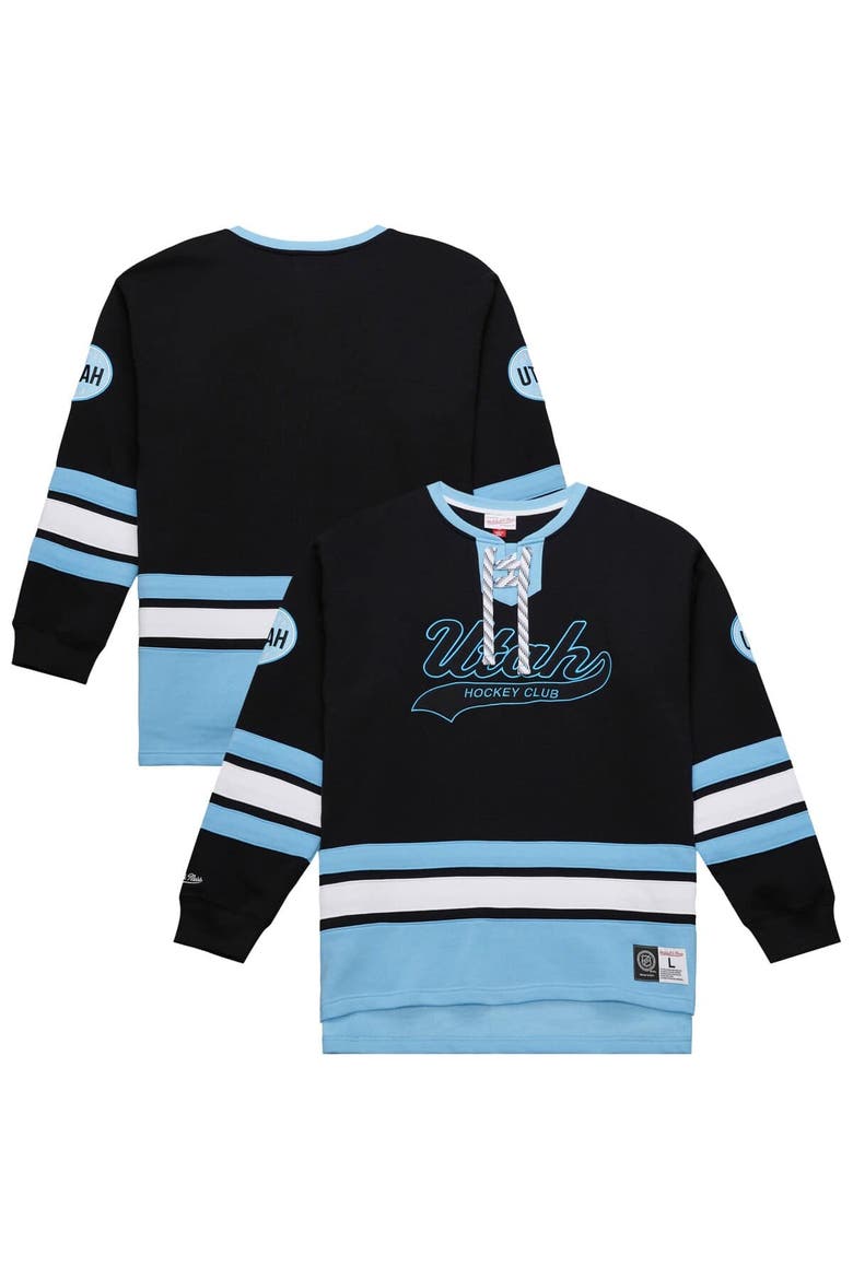 Men's Mitchell & Ness Black Utah Mammoth Heritage Lace-Up Pullover Sweatshirt, Alternate, color, Black