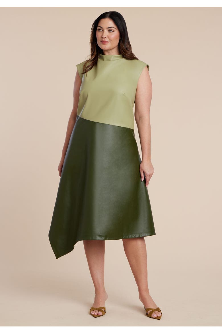 Colorblocked Draped Faux Leather Dress, Alternate, color, DARK FOREST GREEN