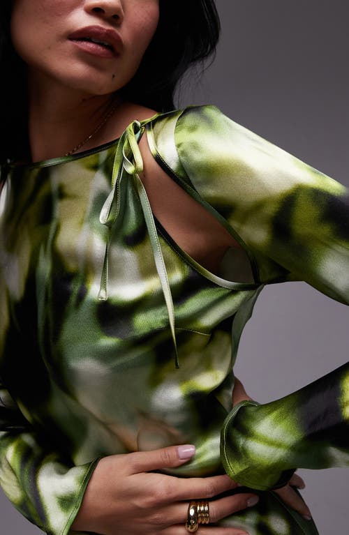 Topshop Abstract Print Cutout Detail Long Sleeve Satin Midi Dress In Mid Green
