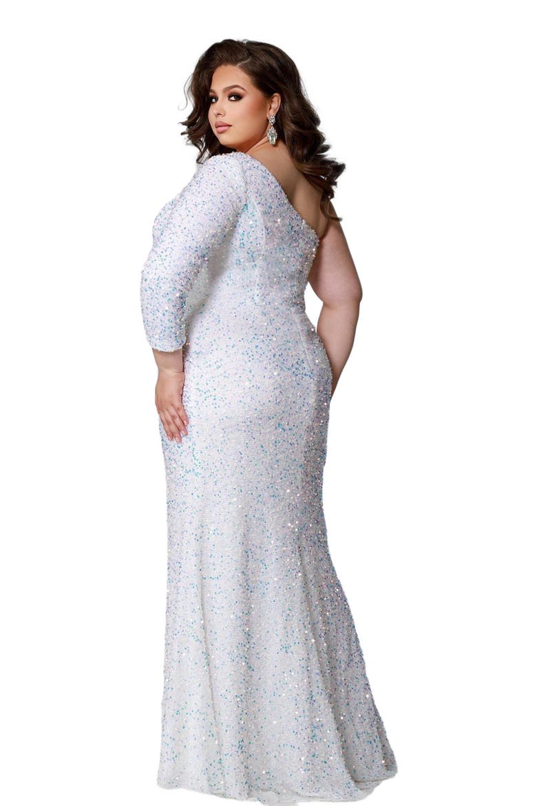 One-Shoulder Long Sleeve Sequin Plus Size Gown, Alternate, color, Pearlescent