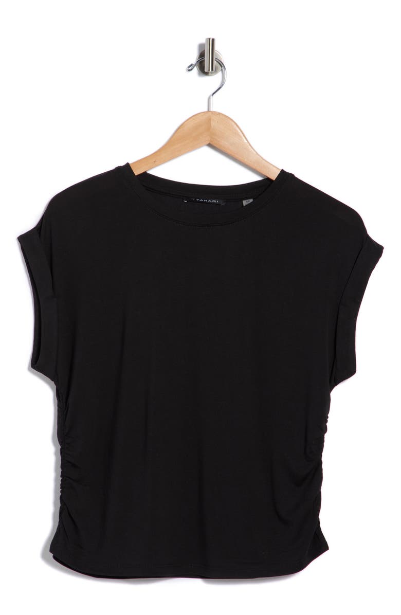 T Tahari Cuffed Short Sleeve Ruched T-Shirt, Main, color, Black