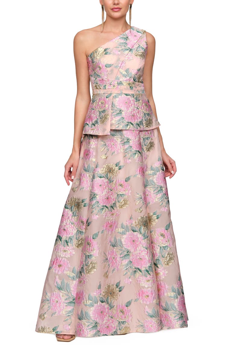 Mia One Shoulder Floral Metallic Jacquard Peplum Gown, Main, color, BLUSH MULTI