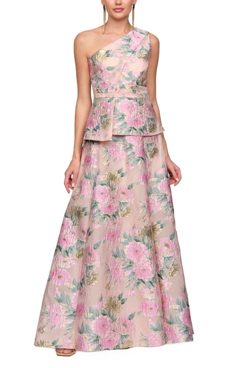 Mia One Shoulder Floral Metallic Jacquard Peplum Gown