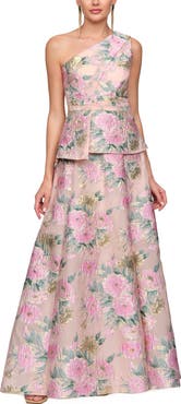 JS Collections Mia One Shoulder Floral Metallic Jacquard Peplum Gown