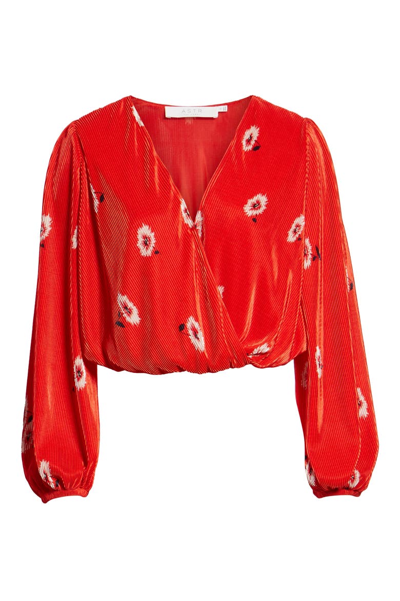 Pleated Long Sleeve Surplice Top, Alternate, color, RED FLORAL