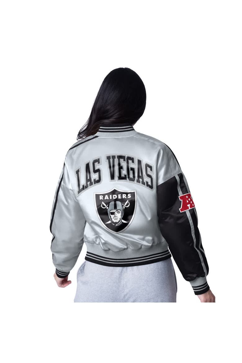 Women's Starter  Black/Silver Las Vegas Raiders Zone Blitz Cropped Full-Snap Satin Jacket, Alternate, color, Black