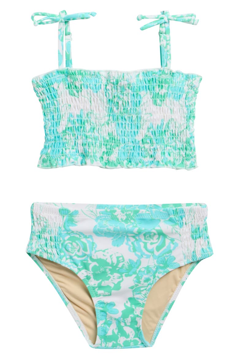 Kids' Charming Rose Smocked Two-Piece UPF 50+ Swimsuit, Main, color, GREEN