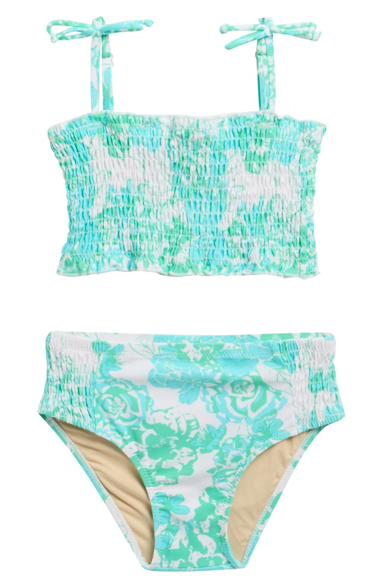 Shade Critters Kids' Charming Rose Smocked Two-Piece UPF 50+ Swimsuit, Main, color, Green