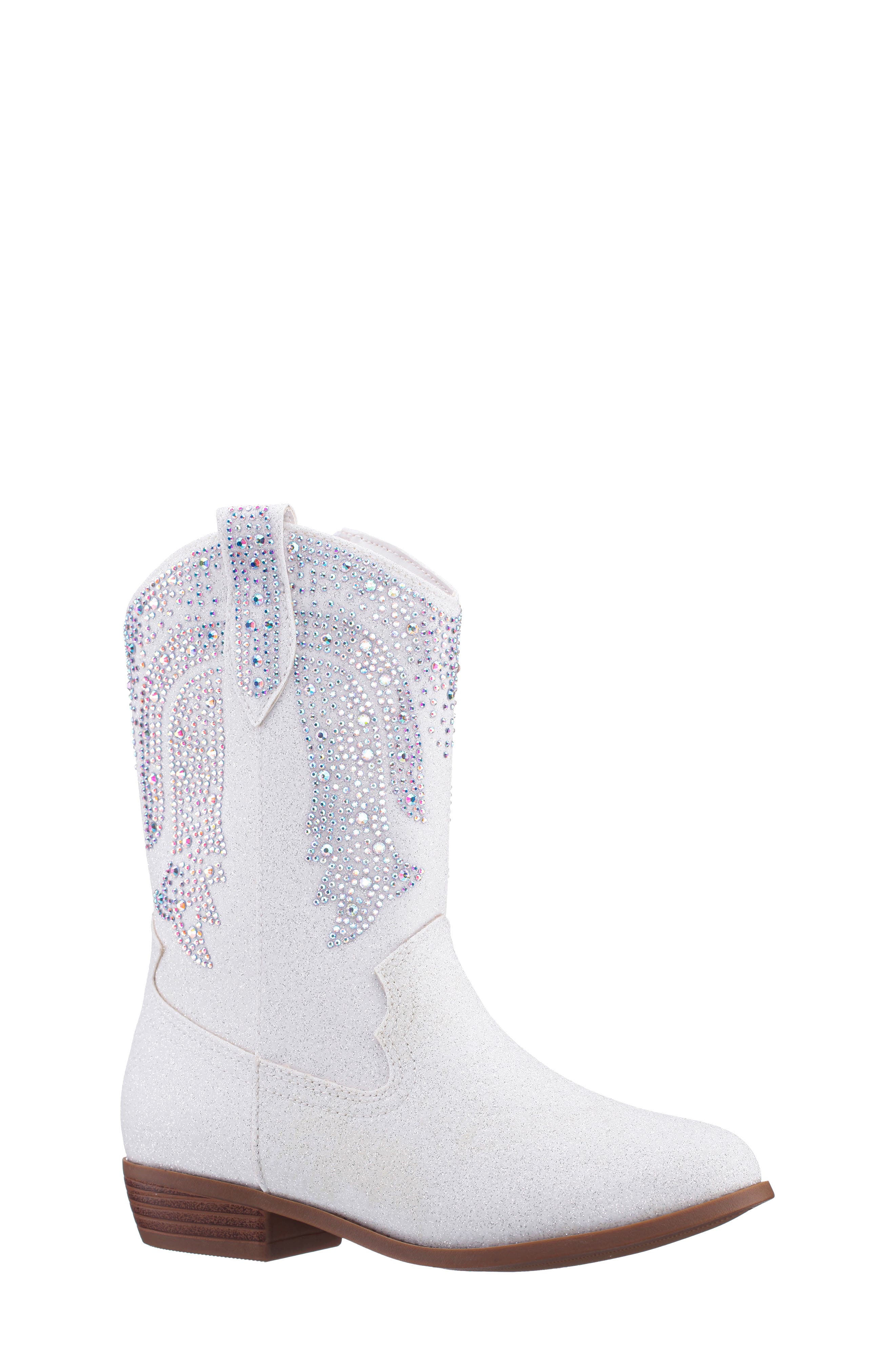 Nina Kids' Hawley Western Boot, Main, color, White Glitter Stones