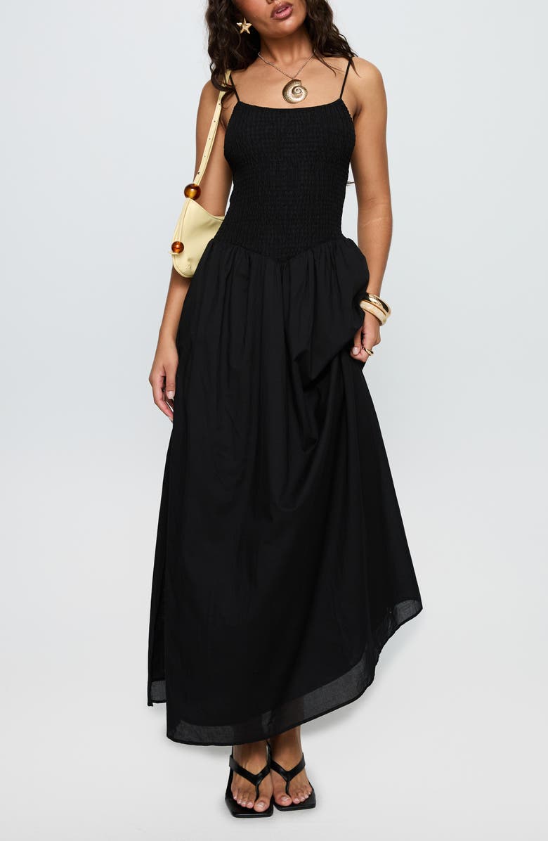 Princess Polly Carys Smock Bodice Cotton Maxi Dress, Main, color, Black