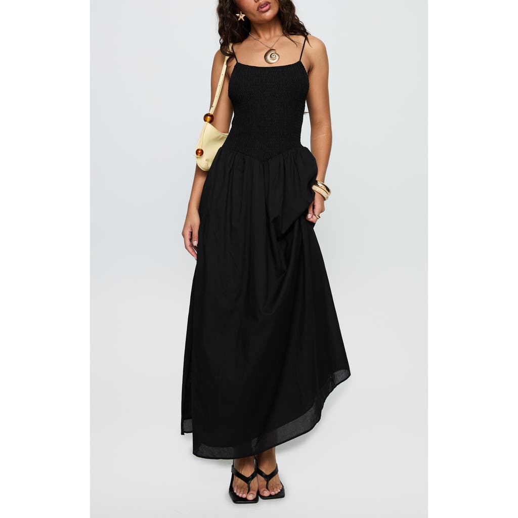 Princess Polly Carys Smock Bodice Cotton Maxi Dress In Black
