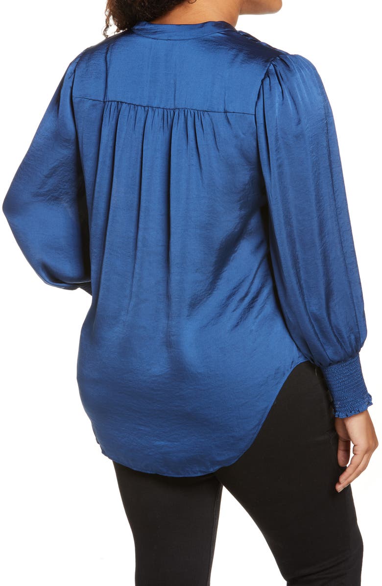 Vince Camuto Smocked Long Sleeve V-Neck Blouse, Alternate, color, Deep Blue